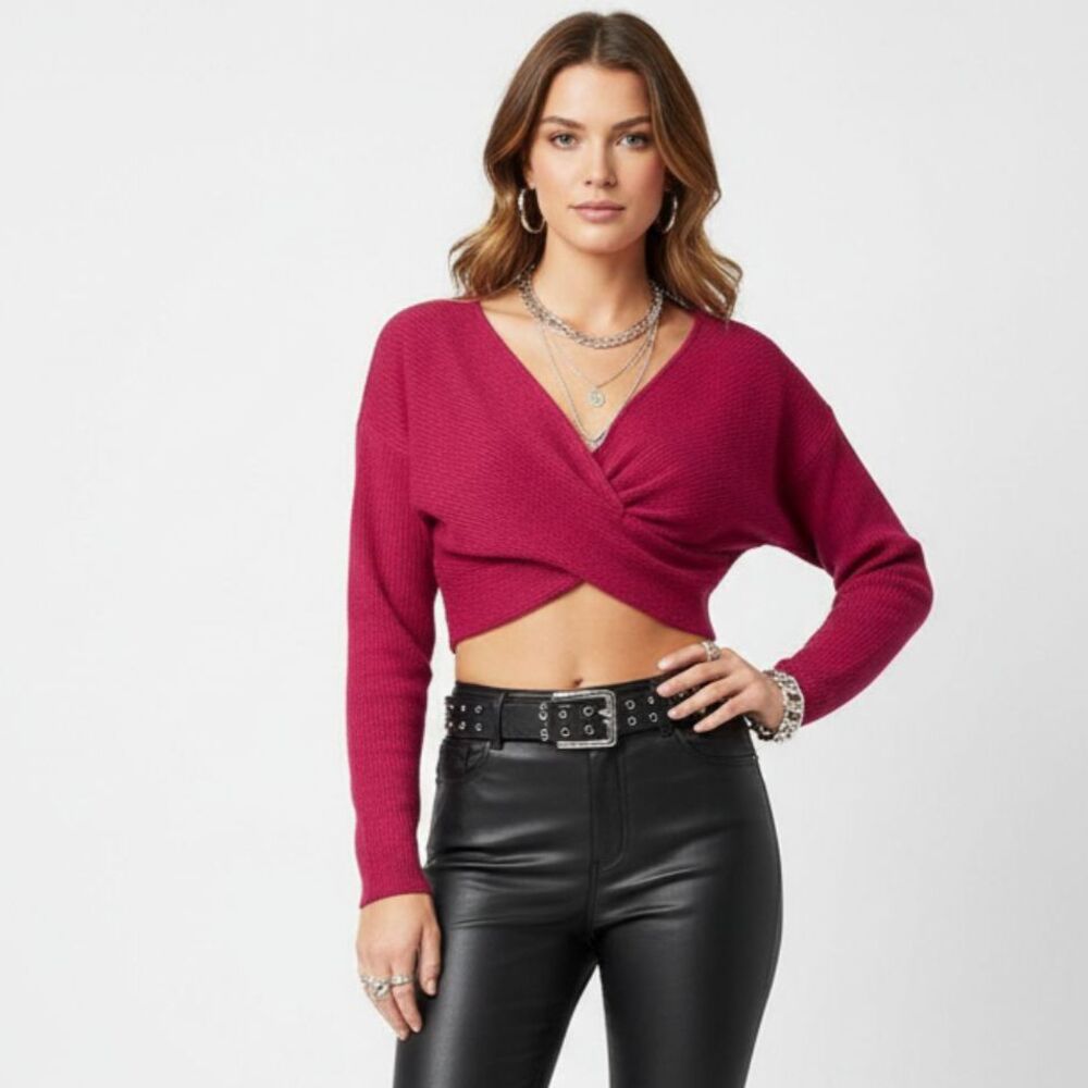 Sam Edelman Red Cropped Ribbed Long Sleeve Twist Tie Waist Sweater NEW S